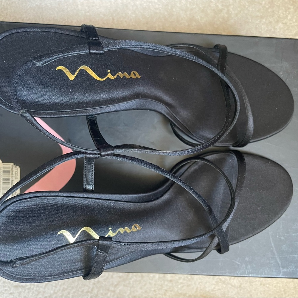 Nina Black Strappy Satin Heeled Sandals